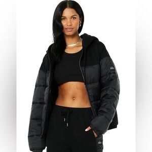 Unisex ALO Yoga Mash Up Puffer Jacket Hoodie Black Zip Warm crop winter stylish